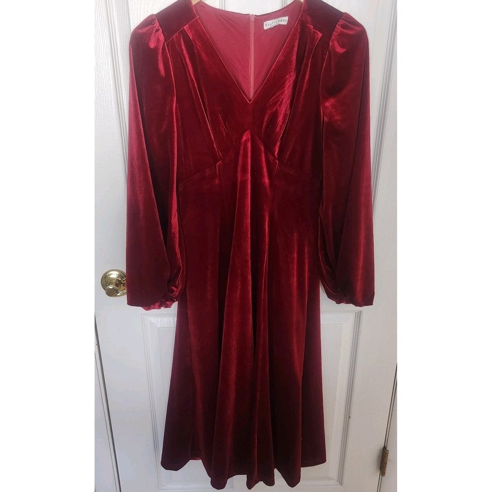 Baltic Born XS Wine Red Velvet V-Neck Puff Sleeve Midi Dress Formal Ren Faire